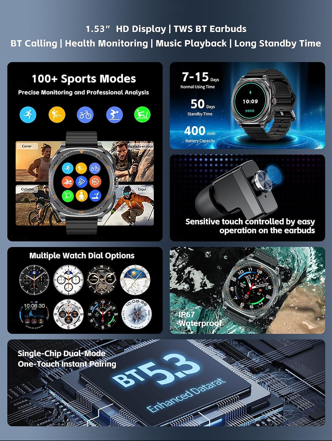 Reloj inteligente 2 en 1 con auriculares, reloj inteligente con auriculares Bluetooth integrados para música. &Llamadas, monitor de actividad física con pantalla táctil HD para hombres y mujeres, 2026 - $107.99 –P1