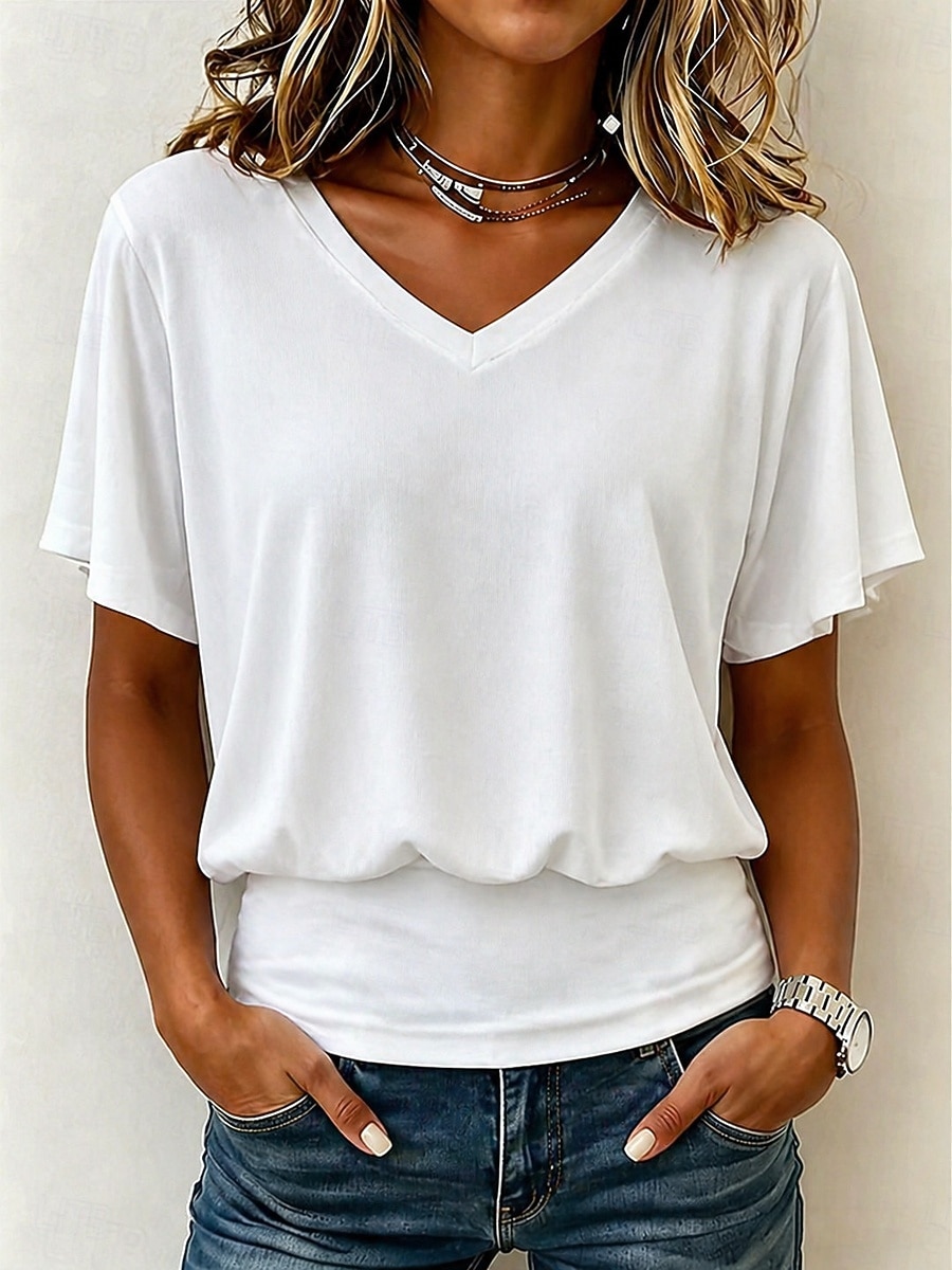 Femmes T-shirt Cordon de serrage Uni Mode Élégant Basique Manche Courte Col en V Hauts Réguliers Occasionnel Quotidien Sortir Noir Blanche Rose Claire Marron Été Printemps de 2026 ? $28.99 –P1
