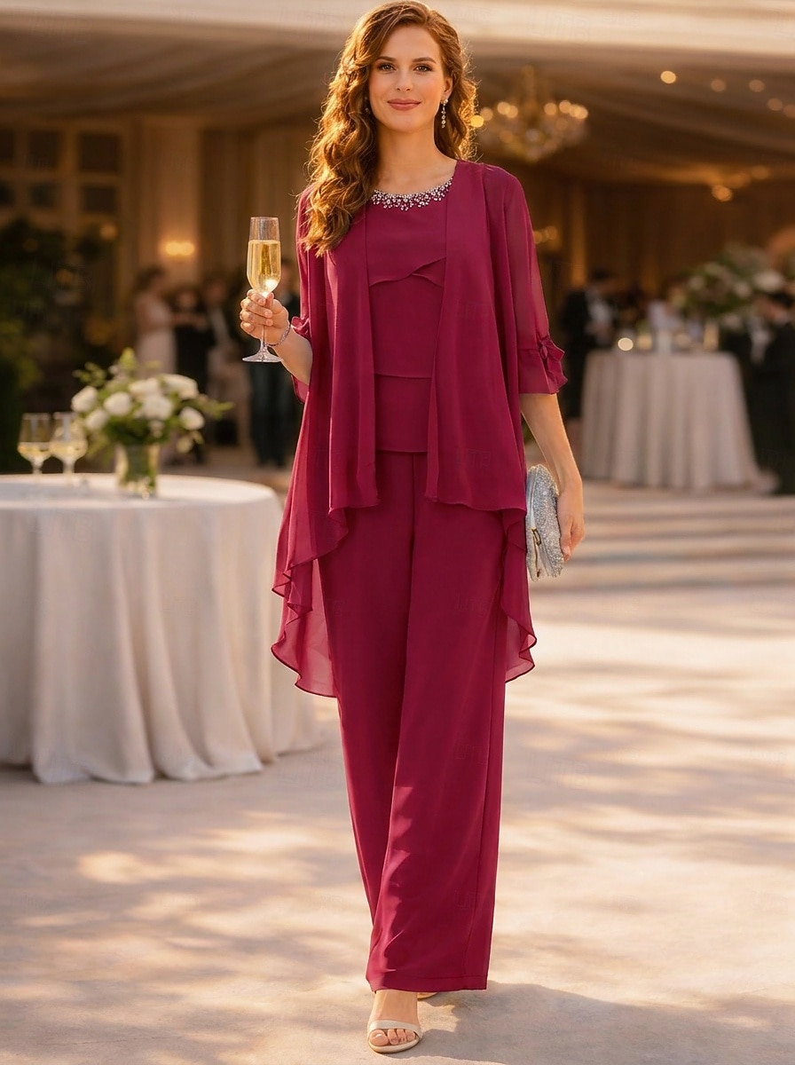 Traje de pantalón Traje de 3 piezas Hasta el Suelo Hasta el Tobillo Vestido de Madrina Media Manga Cuello Barco Elegante Sencillo Minimalista Invitado a la boda Gasa con Detalles de Cristal Volantes 2026 - $172.99 –P11