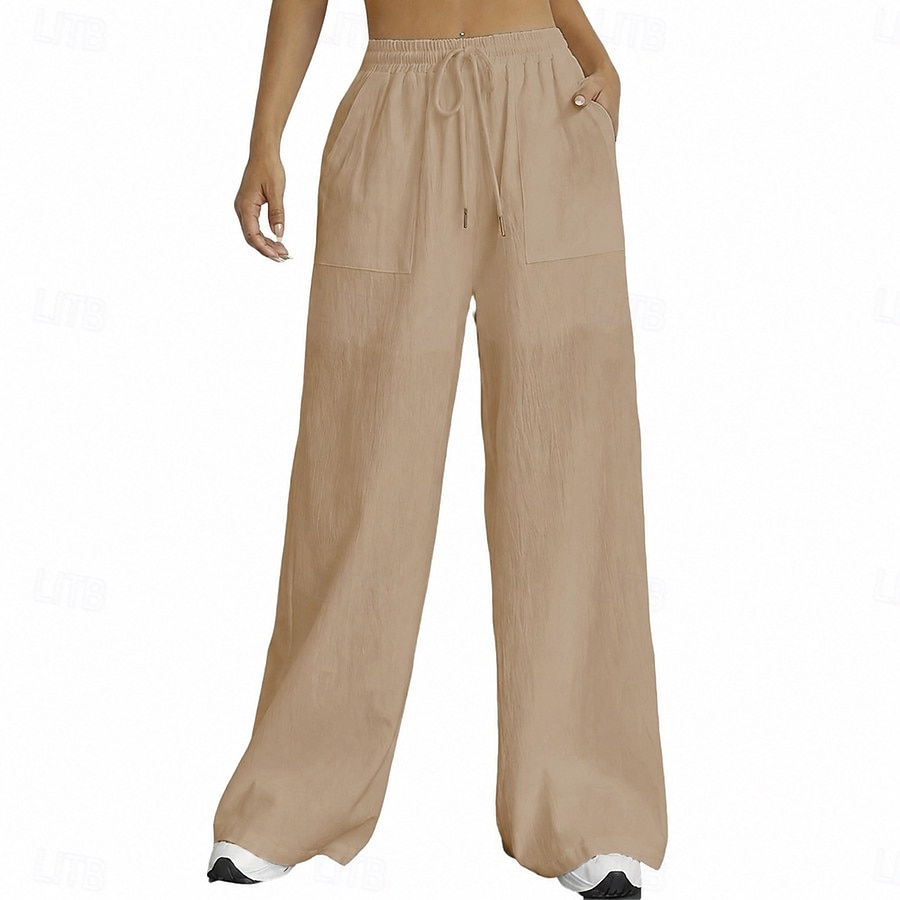 Damen Schlaghose Elegant Mode Volle Länge Hohe Taille Einfarbig Kordelzug Komfort Unelastisch Lässig Urlaub Schwarz Weiß Himmelblau Kamel Sommer Frühling Lässiger Schnitt 2026 - $27.99 –P8