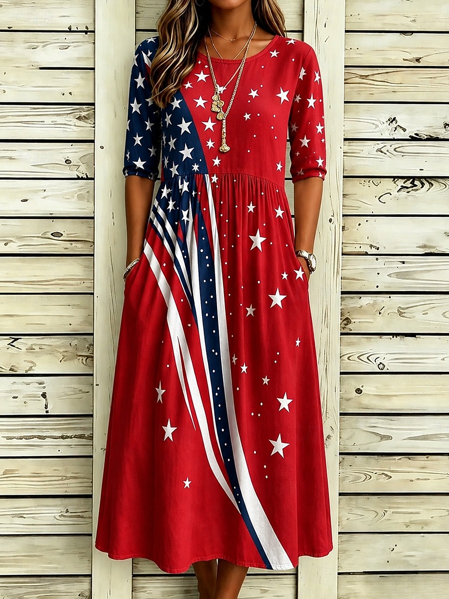 Amerikaanse onafhankelijkheidsdag Dames Halflange jurk Hemdjurk Vakantie Casual Feestdagen Normale pasvorm Grafisch Vlag Halve mouw Strakke ronde hals blauw Rood Zomer Lente 2026 - $33.99 –P2