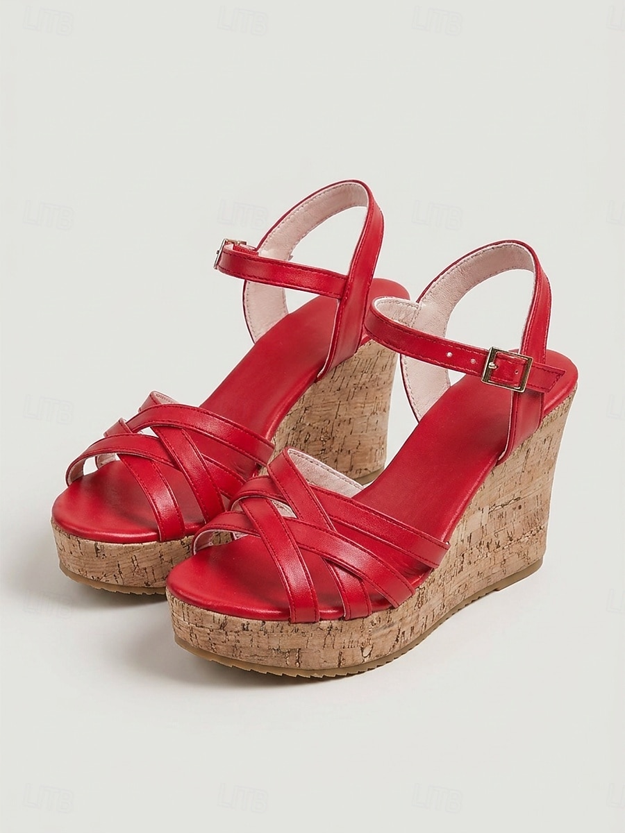 Women's Vibrant Red Wedge Sandals - Retro Cross-Strap Platform Shoes with Cork Texture Sole & Adjustable Buckle for Outdoor Vacations, Tropical Cruises & Summer Parties 2026 - $29.99 –P2