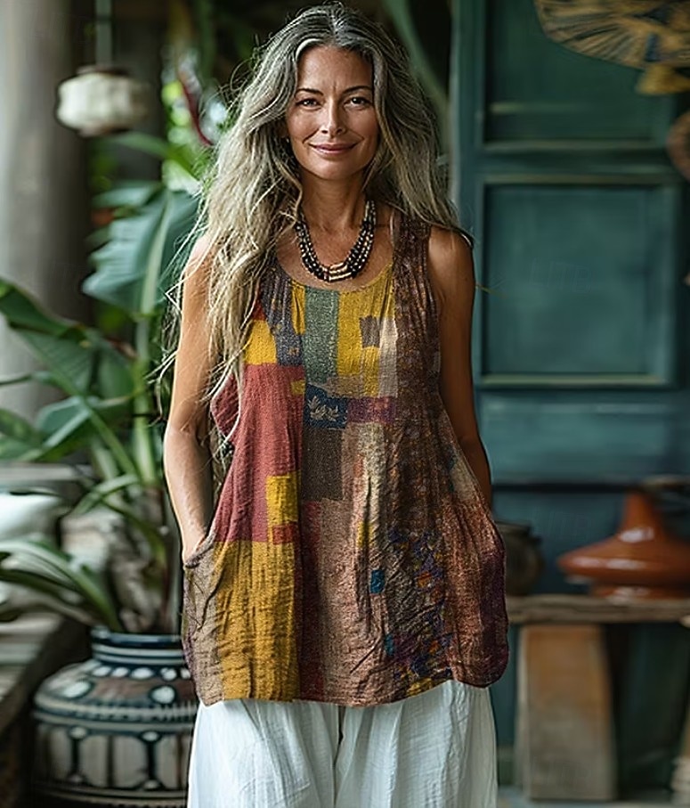 Damen Boho-Hemd Grafik Abstrakt Bohemien Aktiv Urlaub Ärmellos Rundausschnitt Lange Oberteile Lässig Braun Sommer Frühling 2026 - $25.99 –P1