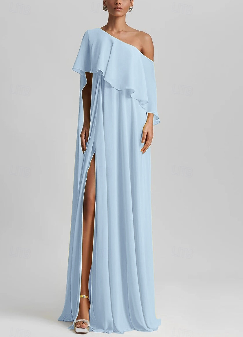 A-Line Floor Length Prom Dresses Elegant Sleeveless One Shoulder Formal Wedding Guest Stretch Chiffon with Ruffles Slit 2026 - $160.99 –P13