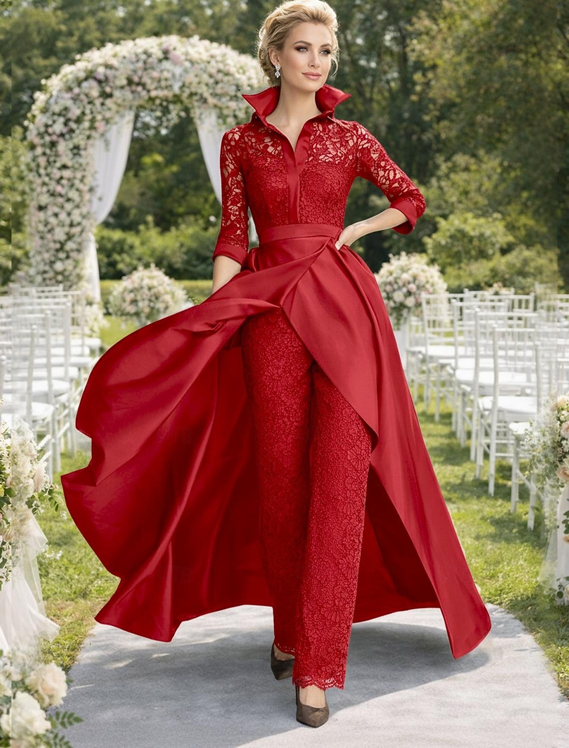 Pantaloni Lungime Podea Rochie Mama Miresei Lungime Manșon 3/4 Guler Cămașă Epocă Petrecere Oficial Invitat la nunta Seară Formală Satin Dantelă cu Ruching 2026 - $206.99 –P8