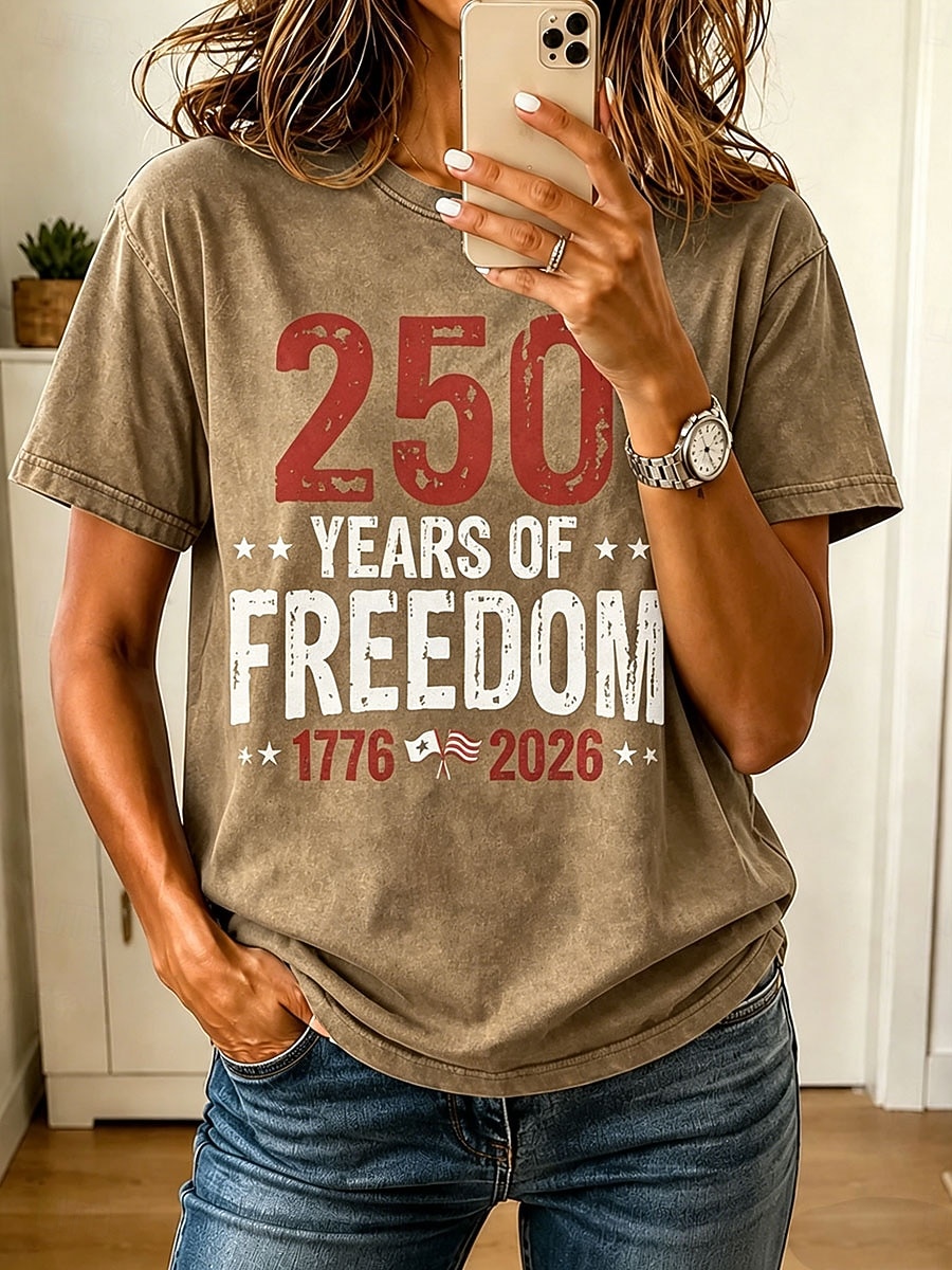 American Independence Day Women's T Shirt Print Graphic Letter Vintage Fashion Stylish Short Sleeve Crew Neck Regular Tops Casual Daily Blue Khaki Green Gray Summer Spring 2026 - $33.99 –P4