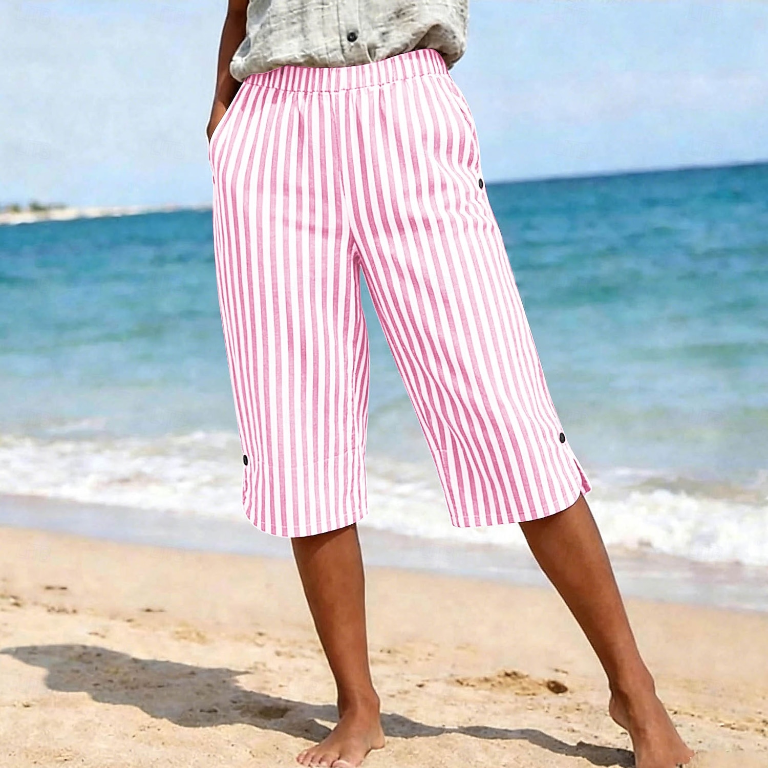 Per donna Pantaloni capri Vacanza Essenziale Lunghezza al polpaccio Vita Alta Grafico A righe A strisce Confortevole Traspirante Inelastico Vacanza Formale Abbigliamento quotidiano Blu Nero Rosa Verde del 2026 a $32.99 –P3