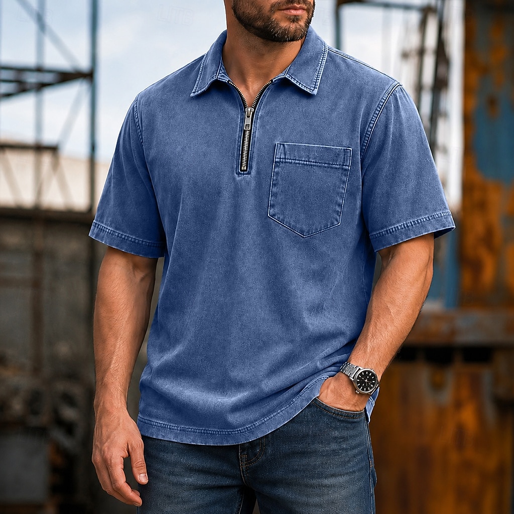 Koszule polo SoftFade™ Męskie 100% Bawełna Koszula z efektem washed Casual Codzienny ubiór Zamek ćwierć zamka Krótki rękaw Vintage Podstawowa Gładka Kieszonka Zniszczona Lato Luźny krój Czarny Różowy 2026 - $35.99 –P11