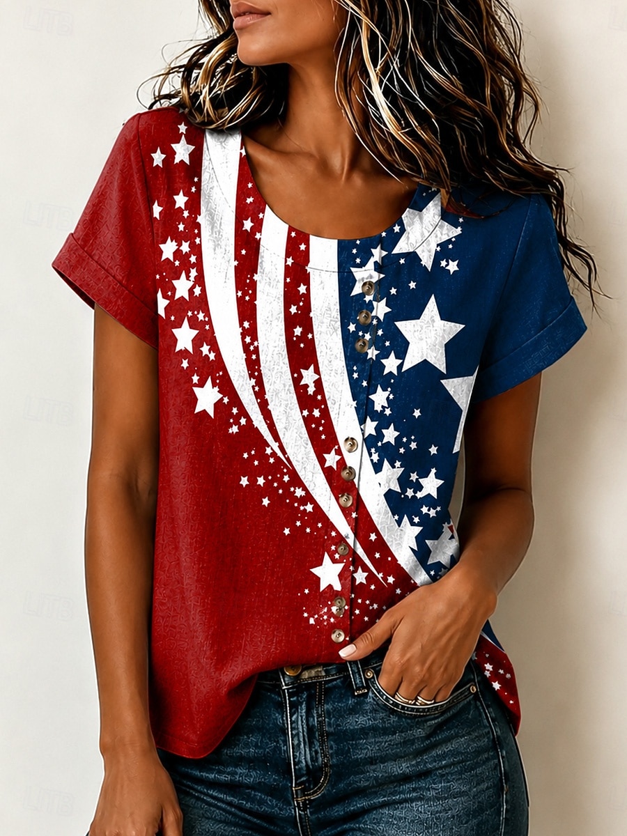 American Independence Day Women's Blouse Buttons Print Floral Graphic Vintage Tropical Stylish Short Sleeve Crew Neck Long Tops Casual Holiday Blue + Red Black Red Summer Spring 2026 - $25.99 –P1
