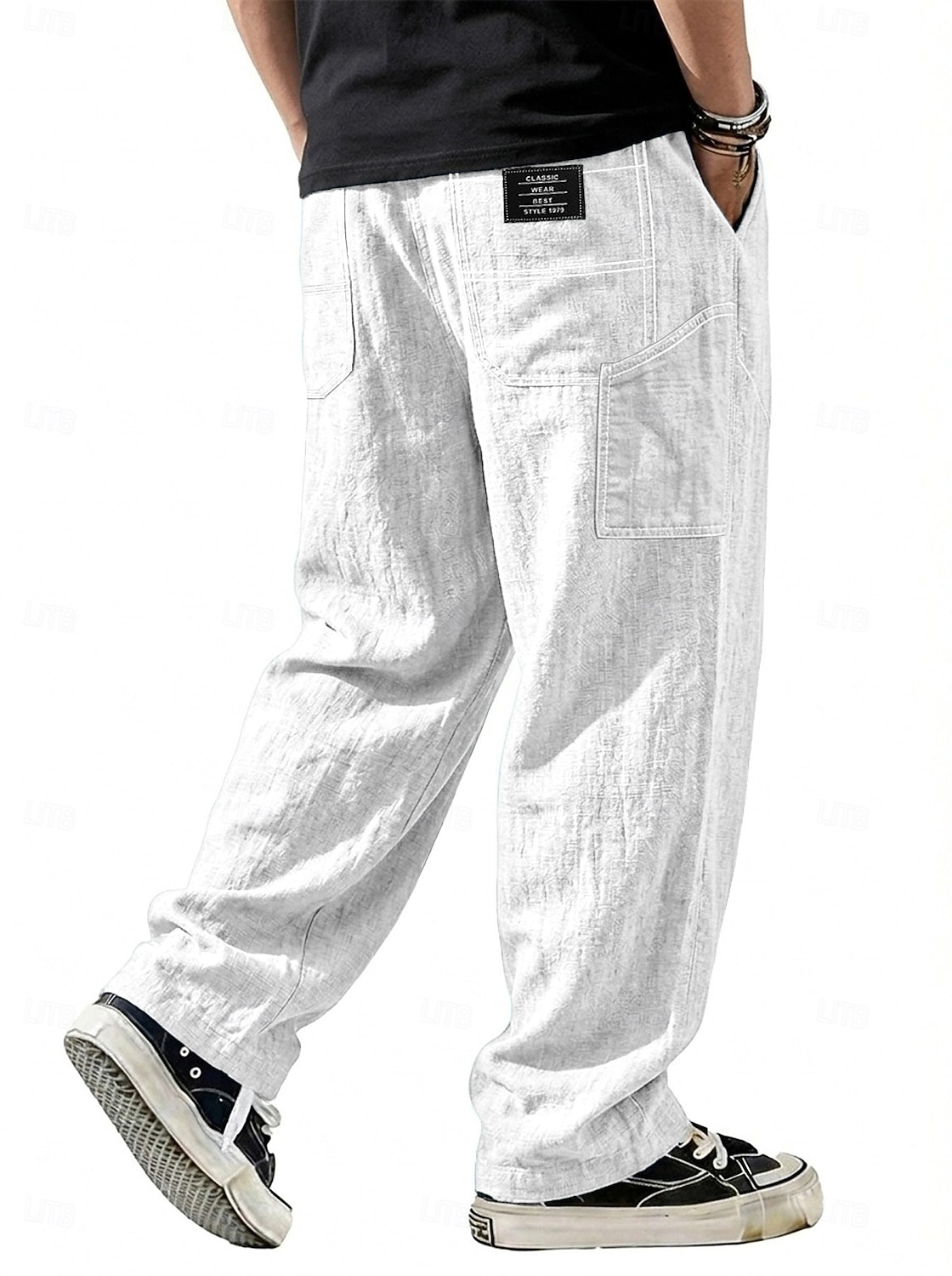 Men's Linen Pants Trousers Casual Pants Summer Pants Baggy Pants Drawstring Pocket Elastic Waist Plain Comfort Lightweight Full Length Daily Outdoor Holiday Vacation Fashion Blue Black Inelastic 2026 - $28.99 –P1