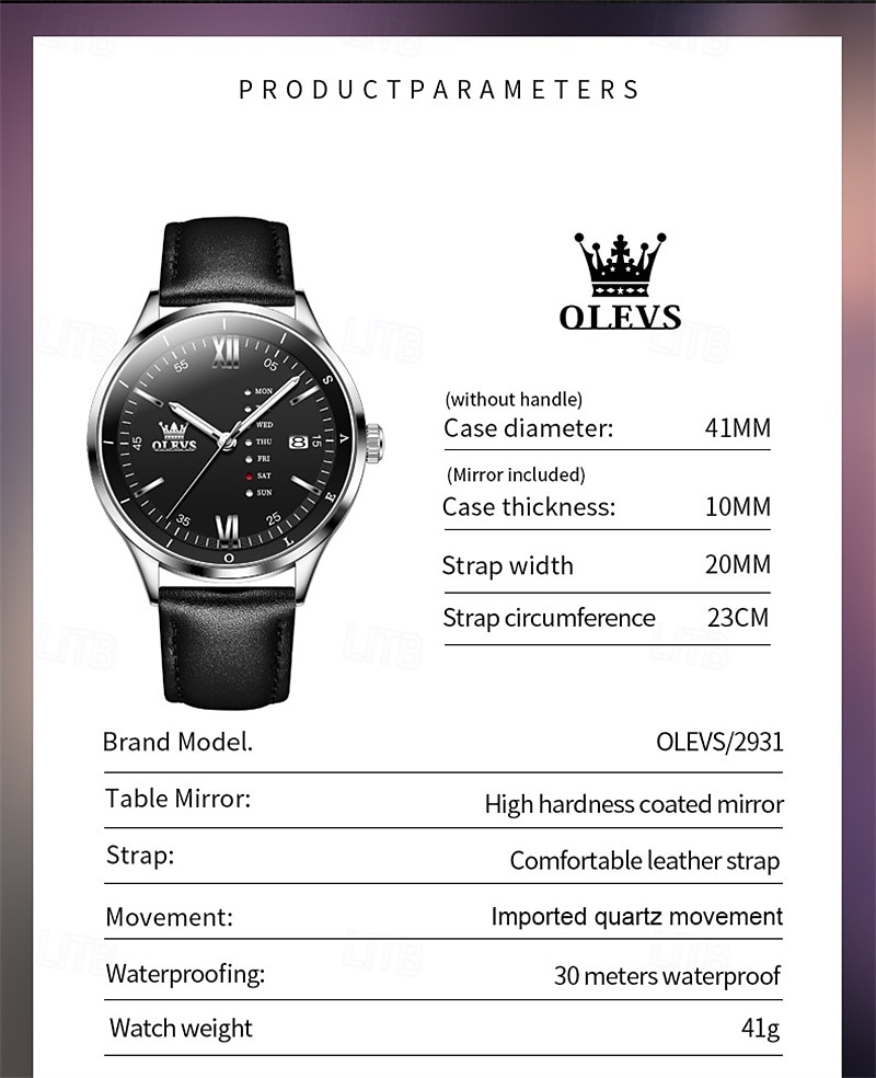 OLEVS Men's Luxury Watch Business Fashion Quartz Wristwatch Waterproof Leather Strap Blue Sunray Dial with Unique Day Date Display Luminous Hands Roman Numerals Dress Watch for Male Gift 2026 - $31.99 –P13