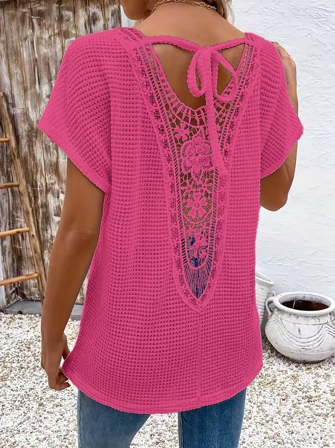 Per donna Camicia Blusa con texture Top traforato Top con cuciture in pizzo Jacquard Pizzo Patchwork Elegante Bohemien Vintage Manica Corta Girocollo Top Regolari Casuale Nero Bianco Verde Beige Rosa del 2026 a $24.99 –P5