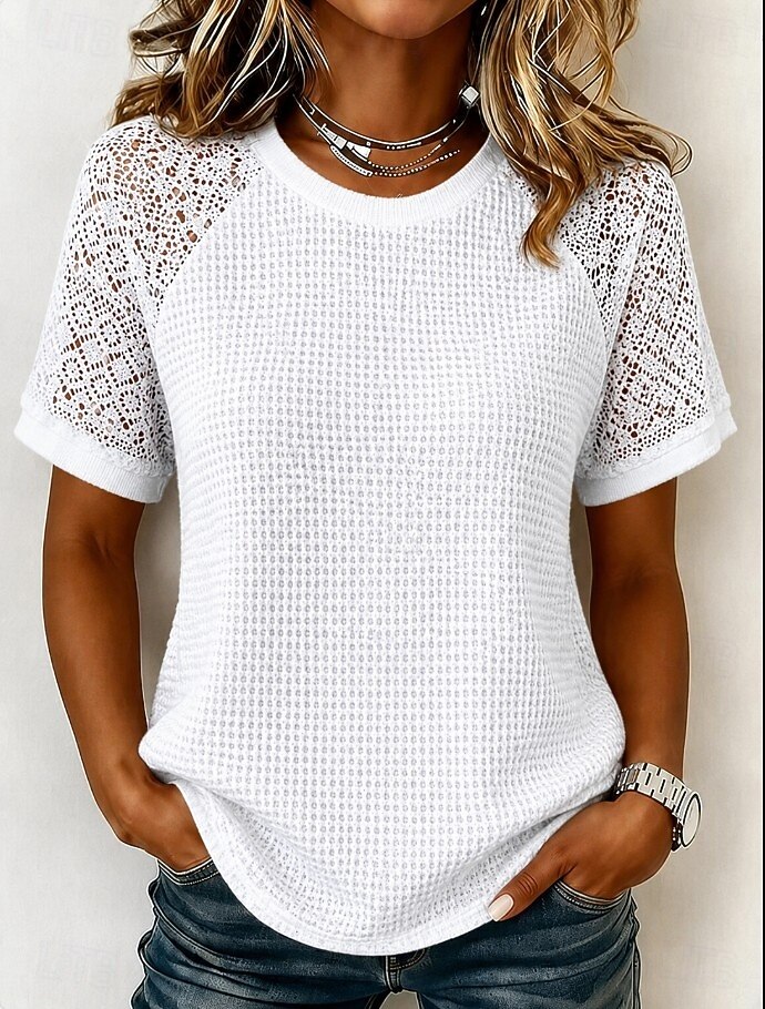 Women's Eyelet Top Lace Splicing Top Contrast Lace Lace Elegant Bohemia Stylish Short Sleeve Crew Neck Long Tops Casual Daily Going out Black White Gray Summer Spring 2026 - $21.99 –P1