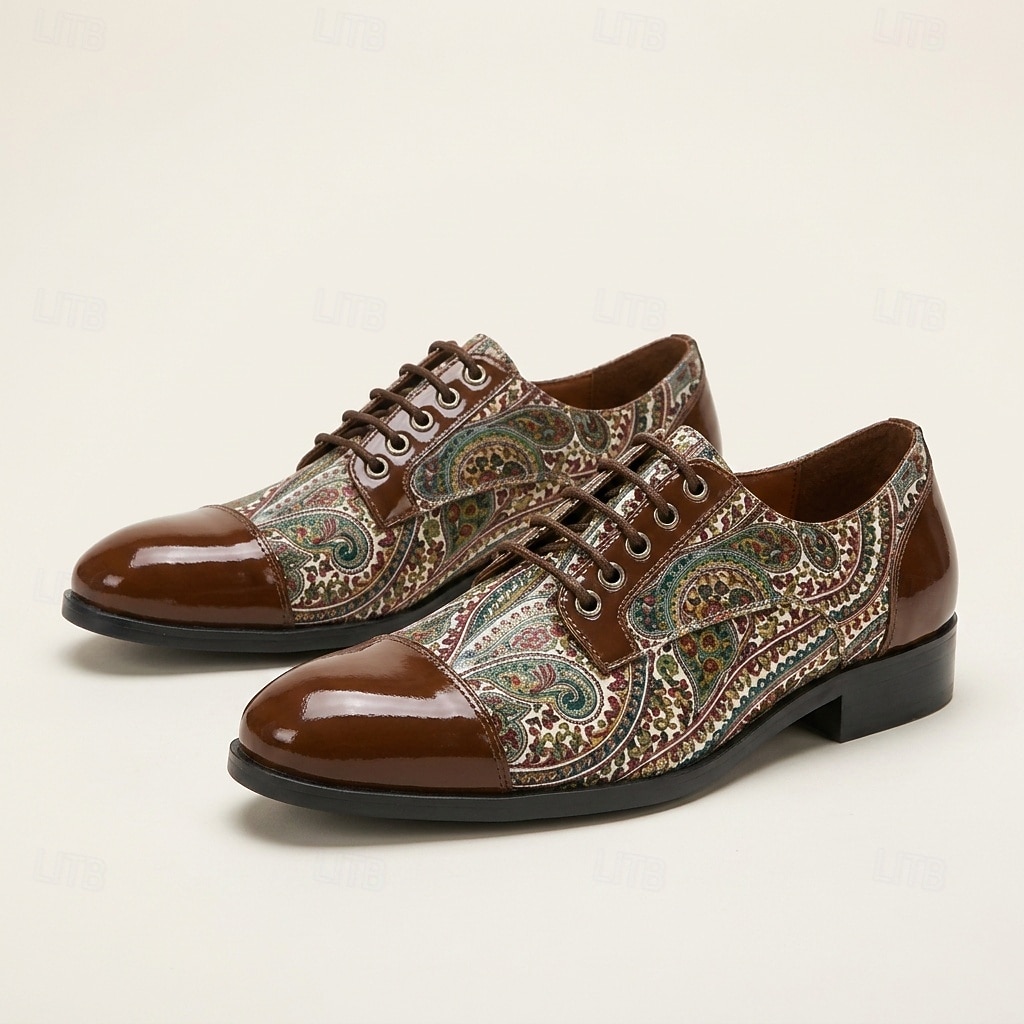 Zapatos Oxford marrones con estampado paisley para hombre, zapatos de vestir con cordones, puntera brillante, calzado elegante para bodas, banquetes, fiestas y ocasiones especiales. 2026 - $46.99 –P6