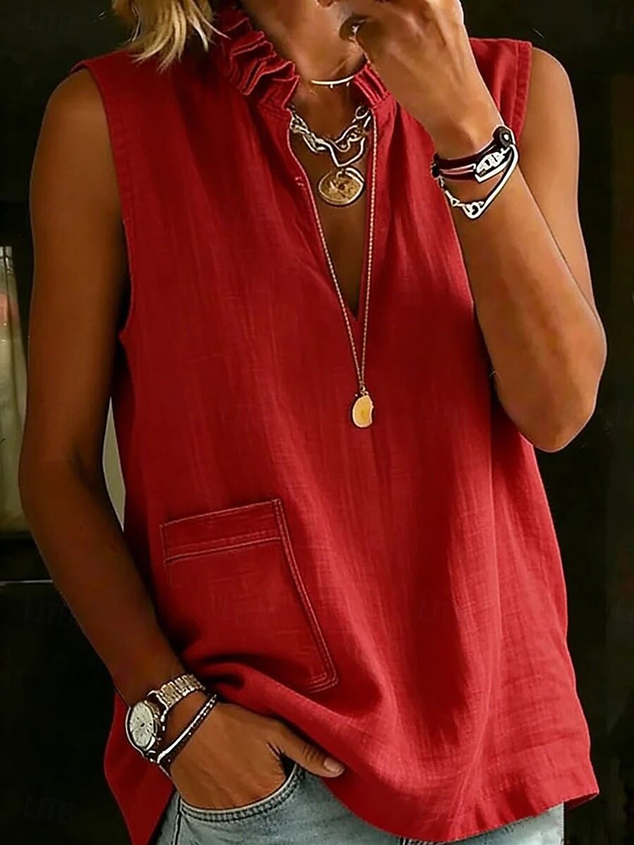 Per donna Camicia Camicie effetto lino Blusa Volant Tinta unica Semplice Moda Casual Spiaggia Senza Maniche Scollo a V Top Regolari Casuale Bianco Giallo Rosso Verde Estate del 2026 a $24.99 –P3