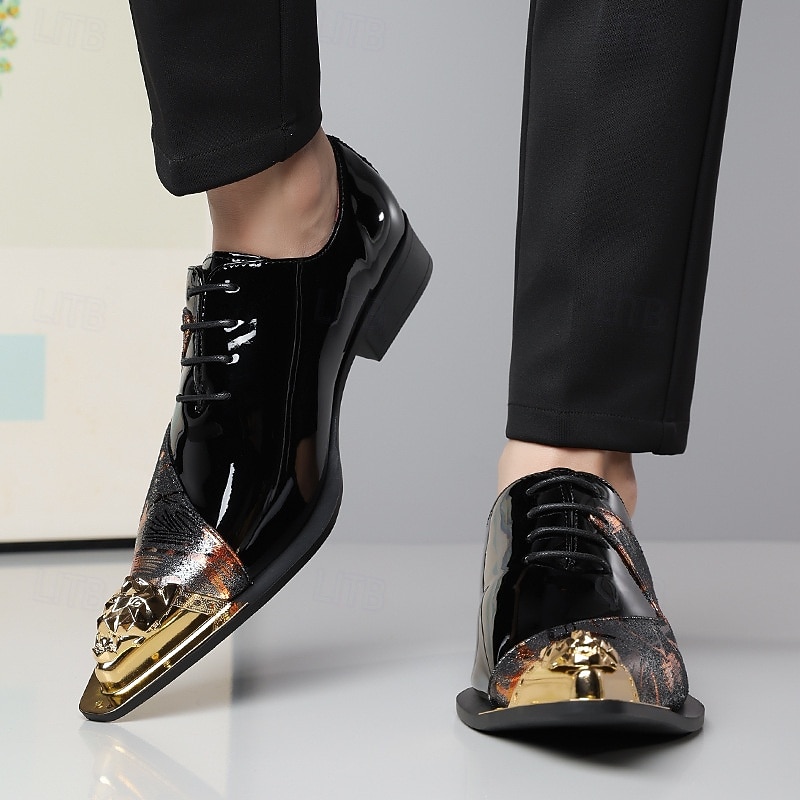 Męskie czarno-brązowe abstrakcyjne buty typu derby z metalowym noskiem, eleganckie buty sznurowane dla stylowych mężczyzn, na wesela, imprezy, bale maturalne i występy sceniczne 2026 - $46.99 –P4