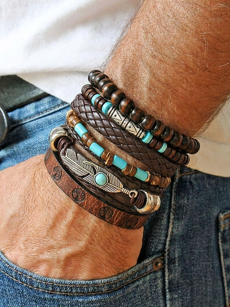 6-teiliges Boho-Armbandset für Herren aus Leder – Vintage-Holzperlen &Armbänder mit Federanhänger aus Silberlegierung, stapelbar, für sommerlichen Strandurlaub und lässige Alltagskleidung 2026 - E£578.65 –P1