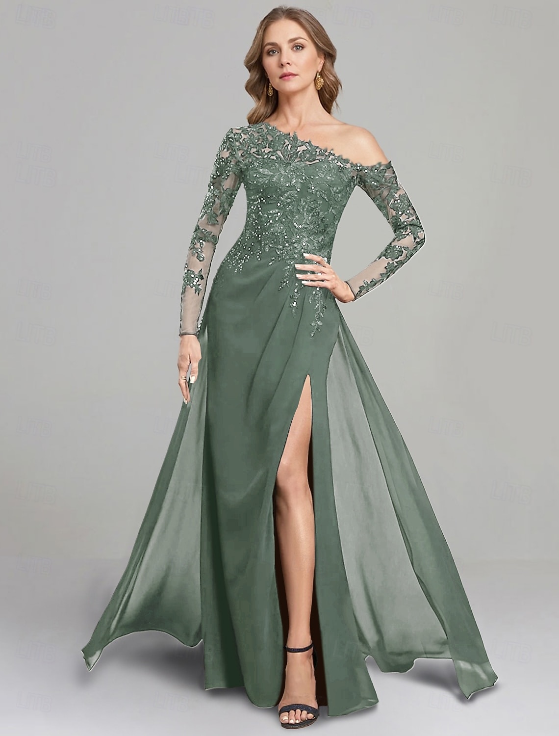 Funda Columna Vestidos Hasta el Suelo Vestido Invitada Boda Vestido formal Vestido de noche Vestido de Madrina Manga Larga Un Hombro Elegante Formal Gasa con Encaje Un Color 2026 - $212.79 –P4