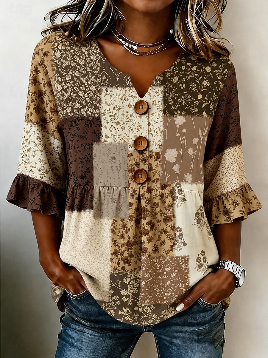 Mujer Camisa Retazos Botones Estampado Floral Graphic Bloque de color Vintage Elegante Media Manga Escote en Pico Tops regulares Casual Diario Festivos Azul Piscina Rosa Marrón Verde Trébol Verano 2026 - $34.99 –P1