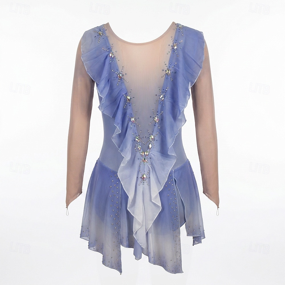Figure Skating Dress Women's Girls' Ice Skating Dress Sky Blue High Elasticity Training Competition Skating Wear Classic Crystal / Rhinestone Long Sleeve Ice Skating Figure Skating 2026 - $218.49 –P3