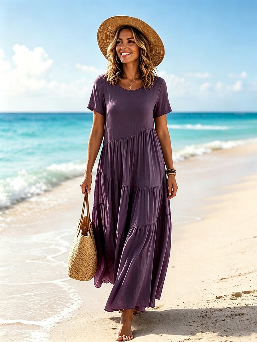 Women's Vintage Crew Neck Ruffle Pleated Asymmetric Maxi Dress Khaki Black White Pink Summer 2026 - $24.99 –P8