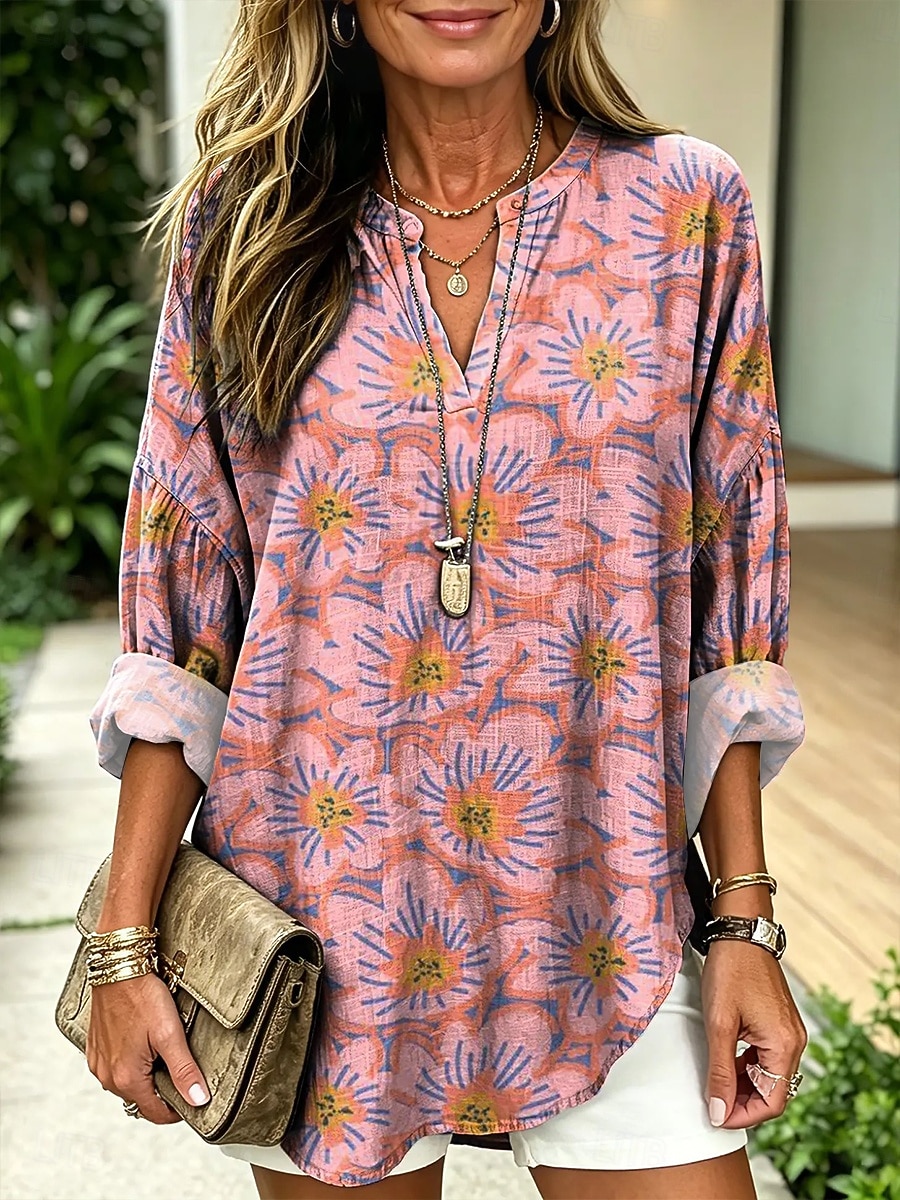 Mujer Blusa Estampado Floral Graphic Vintage Diario Elegante Manga Larga Escote en Pico Tops regulares Casual Diario Rojo Morado Verano Primavera 2026 - $31.99 –P1