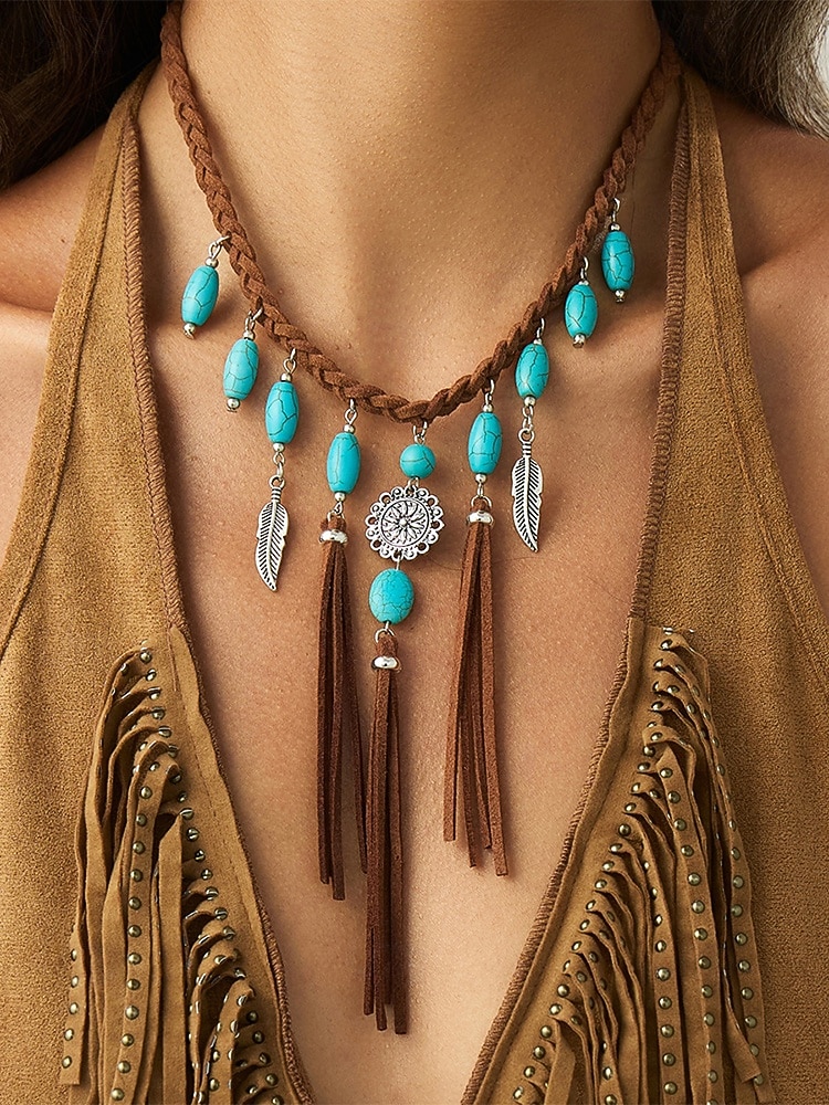 Women's Bohemian Alloy Turquoise Tassel Necklace, Statement Fringe Pendant Jewelry for Music Festival, Beach Vacation, Daily Casual Wear 2026 - $11.99 –P2