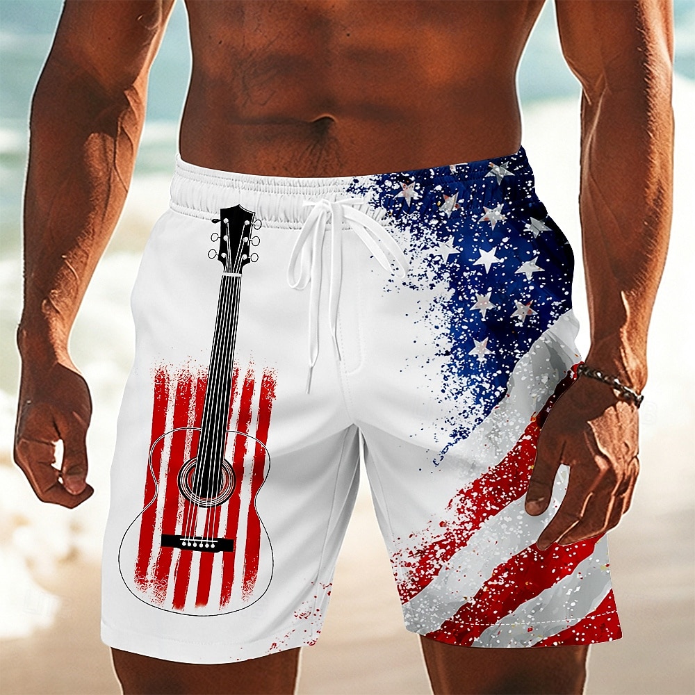4th of July 2026 250th Men's Guitar American Flag Swim Trunks Bathing Suits Swim Shorts Board Shorts Mid Waist Patriotic Daily Holiday Side Pockets Mesh Lining Elastic Drawstring Waist Designer 2026 - $20.99 –P1