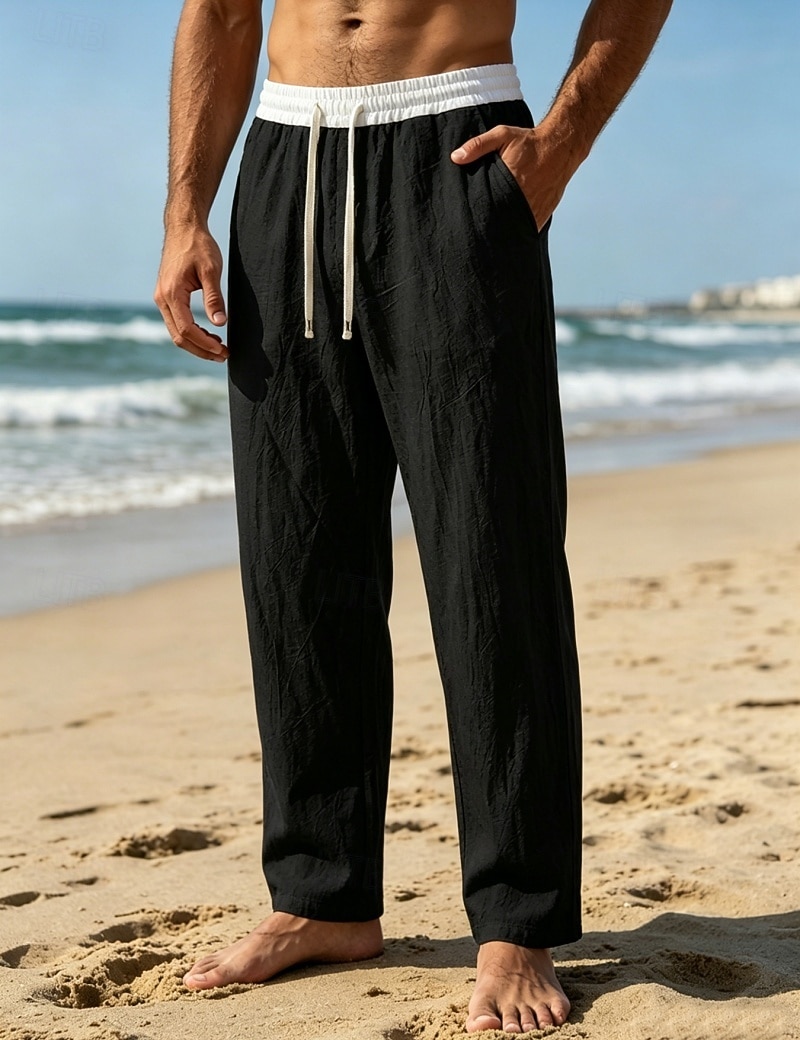 Men's Linen Pants Trousers Summer Pants Beach Pants Drawstring Pocket Elastic Waist Color Block Comfort Breathable Knee Length Daily Outdoor Beach Vacation Fashion Black White Inelastic 2026 - $26.99 –P15