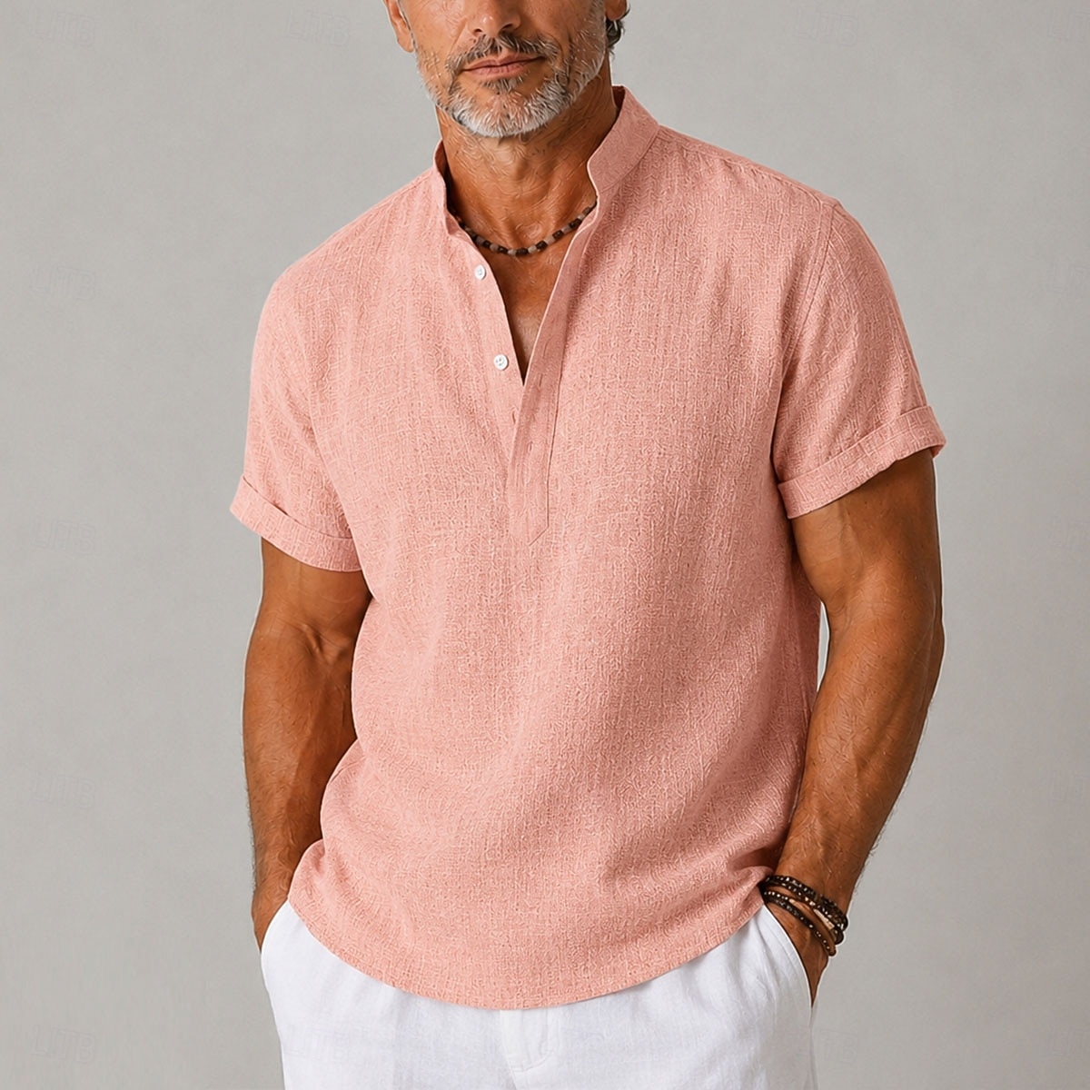 férfi vászon ing, kivágott gallérral, pántos gallérral, hétköznapi, fekete rózsaszín, rövid ujjú, shortshirt, nyári ruházat 2026 - $35.99 –P1