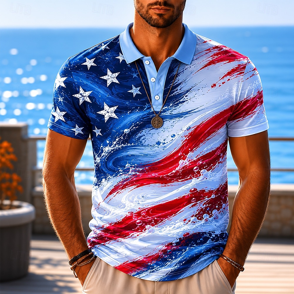 4th of July 2026 250th Men's Ocean American US Flag Hawaiian Polo Shirts Short Sleeve Polo Shirts Lapel Business Casual Athleisure 3D Print Buttons Breathable Mesh Spring & Summer Blue 1 Blue 3# Blue 2026 - $21.99 –P1