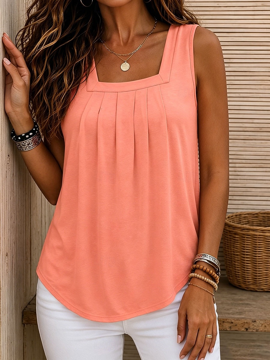 Mujer Tanque Color sólido Vintage Elegante Básico Sin Mangas Escote Cuadrado Tops regulares Casual Diario Azul Piscina Blanco Naranja Verde Trébol Gris Verano Primavera 2026 - $21.99 –P8