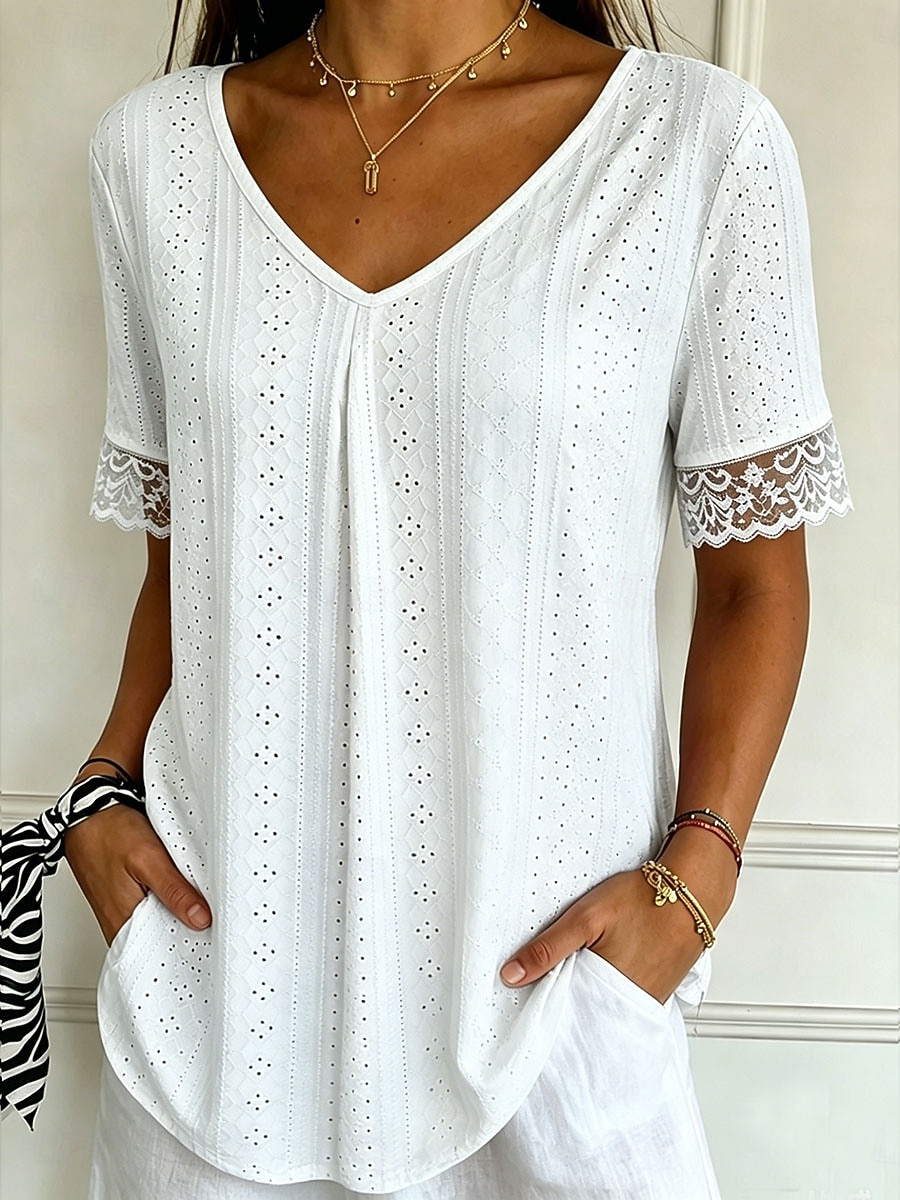 Women's T Shirt Lace Solid Color Vintage Stylish Casual Short Sleeve V Neck Regular Tops Casual Daily Blue White Pink Purple Summer Spring 2026 - $24.99 –P2