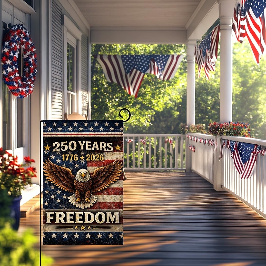 Lot de 2 drapeaux de jardin américains commémorant le 250e anniversaire de l'Amérique, 30 x 45 cm, format vertical double face, 1776-2026, bannière de l'aigle de la liberté, décoration patriotique de 2026 ? $17.99 –P3