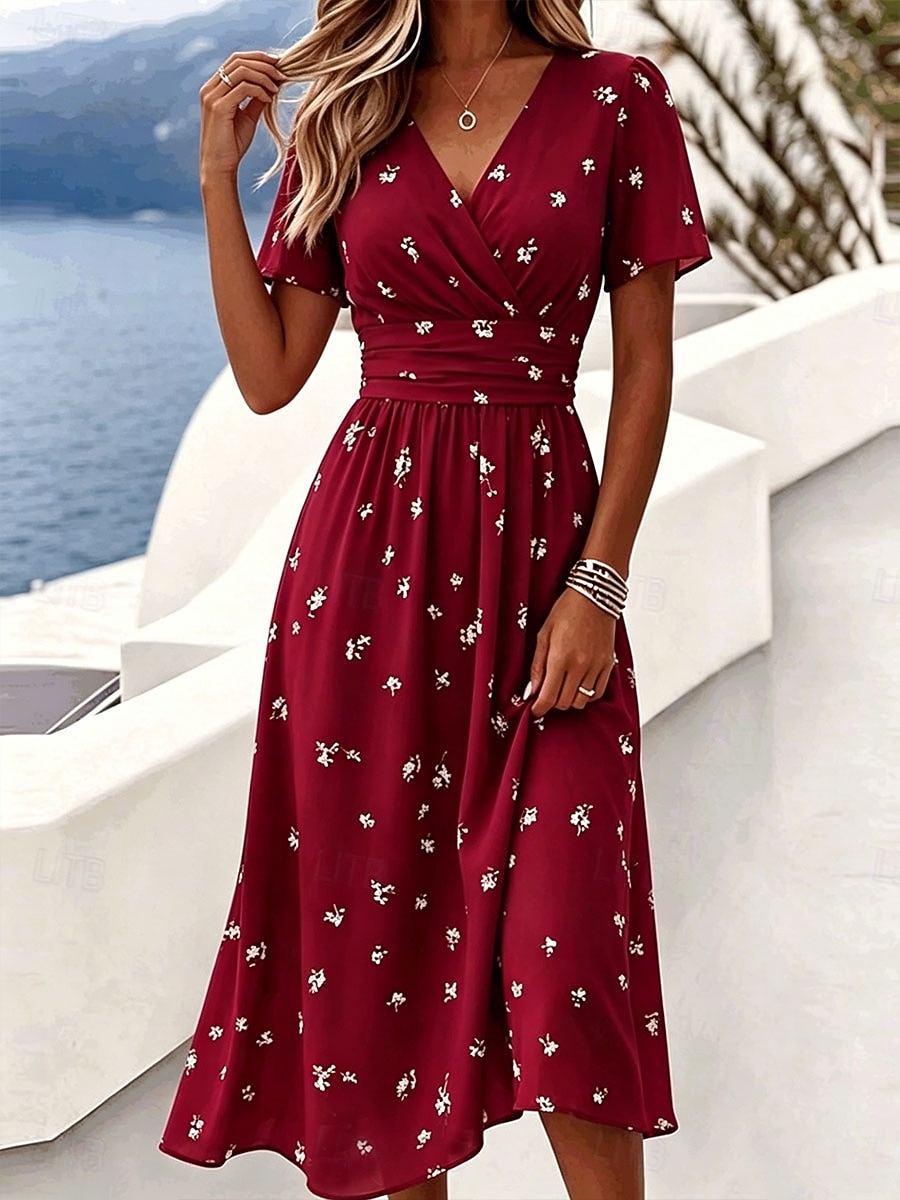 Mujer Vestido Midi Vestido de una línea Vacaciones Casual Boho Ajuste regular Floral Graphic Manga Corta Escote en Pico Azul Piscina Rojo Verde Trébol Verano Primavera 2026 - $37.99 –P3