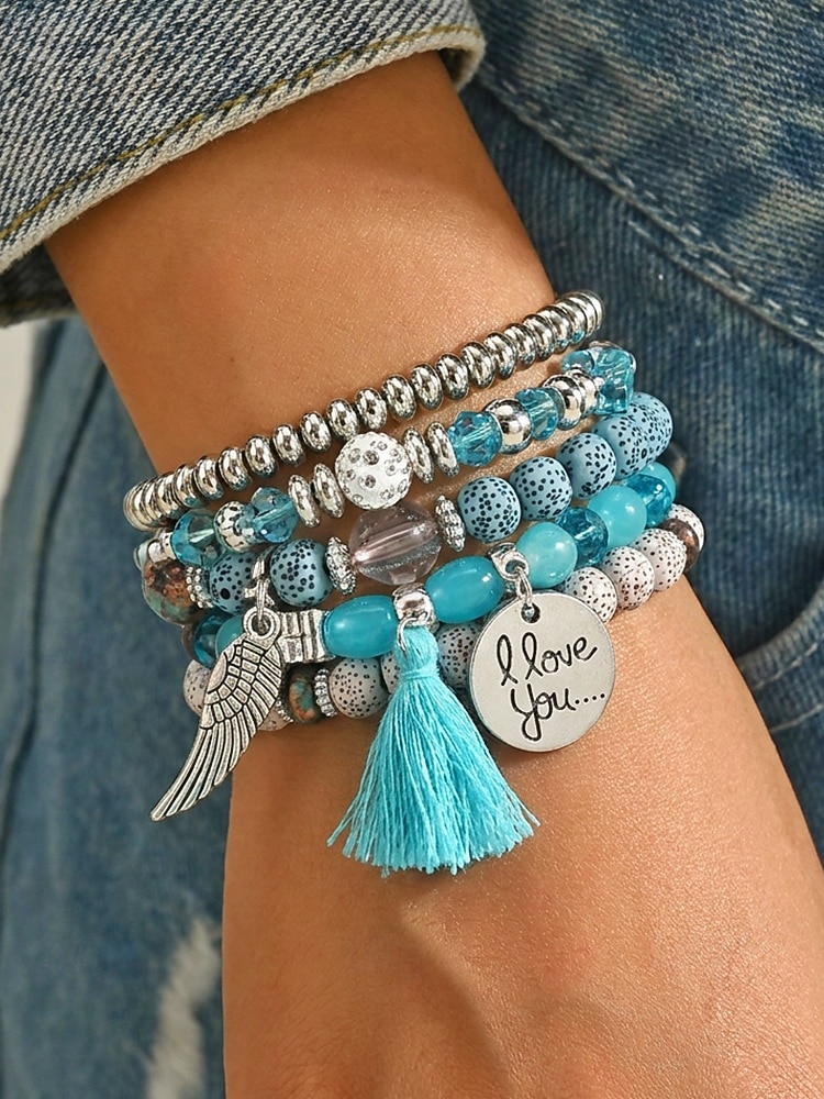 Mehrlagiges Perlenarmband-Set im Boho-Stil für Damen – farbenfrohe Armbänder mit Quaste und Flügelanhänger für Freizeit und Strand. 2026 - $9.99 –P1