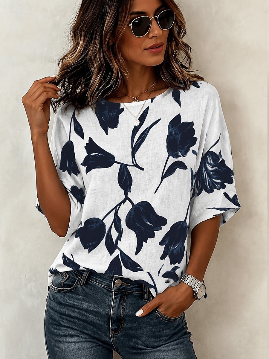 Pentru femei Bluză Imprimeu Floral Grafic Boemia Epocă Tropical Lungime Manșon 3/4 Stil Nautic Topuri obișnuite Casual Zilnic Îmbrăcăminte de vacanță Albastru piscină Alb Roz Îmbujorat Trifoi Bej 2026 - $28.99 –P5