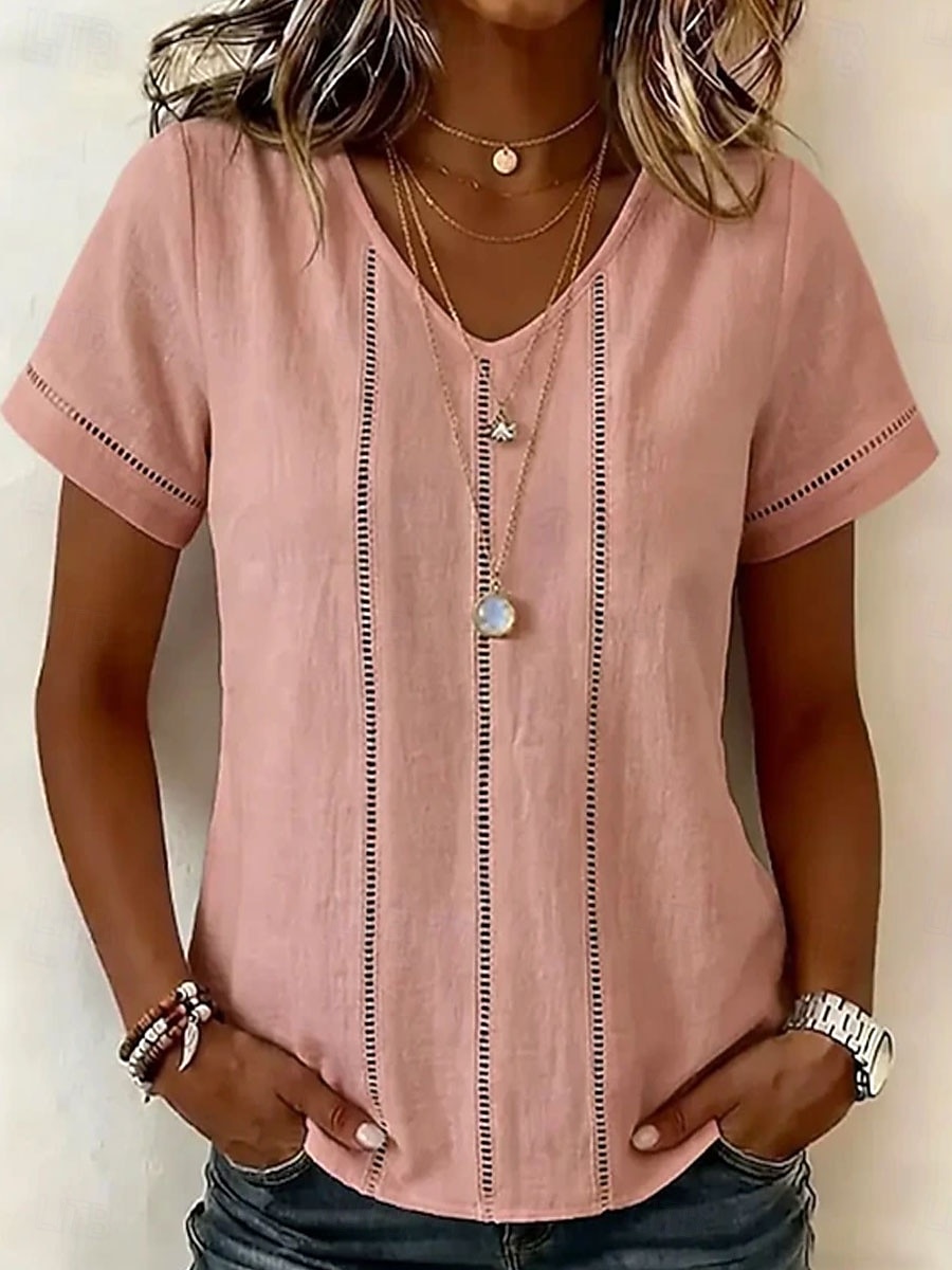 Women's Blouse Lace Trim Solid Color Vintage Stylish Basic Short Sleeve V Neck Regular Tops Casual Daily Blue White Pink Summer Spring 2026 - $29.99 –P5