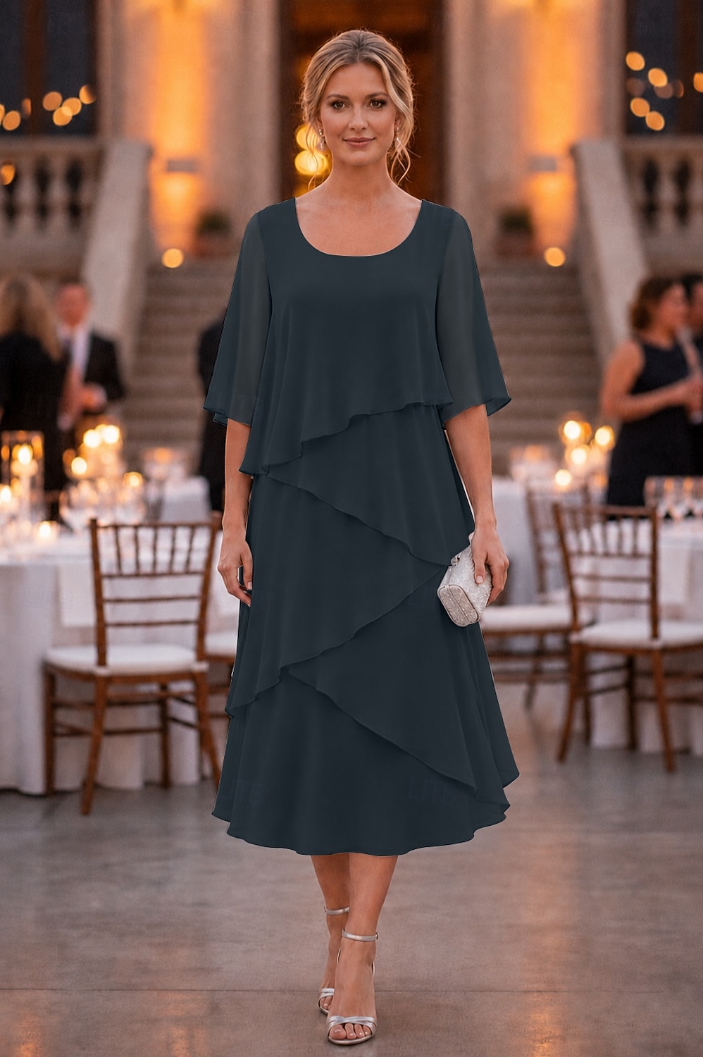 abito a tubino a colonna lunghezza tè abito da festa abito da cocktail abito da invitata a nozze abito da madre della sposa mezza manica scollo a U elegante formale chiffon con volant del 2026 a $137.99 –P9