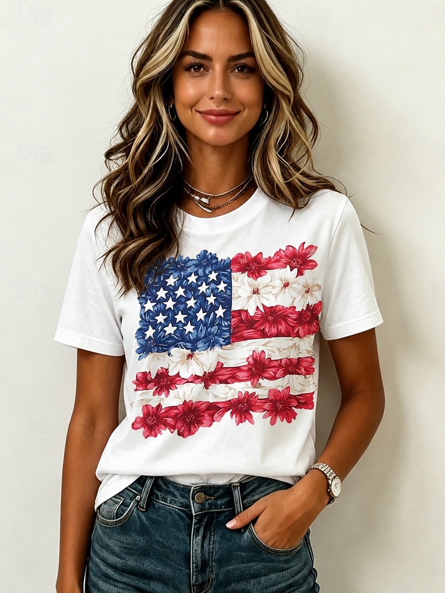 Amerikaanse onafhankelijkheidsdag Dames T-shirt Afdrukken Grafisch Amerikaanse vlag Vintage Modieus Casual Korte mouw Strakke ronde hals Normale tops Casual Dagelijks Weekend blauw Wit Rood 2026 - $21.99 –P2
