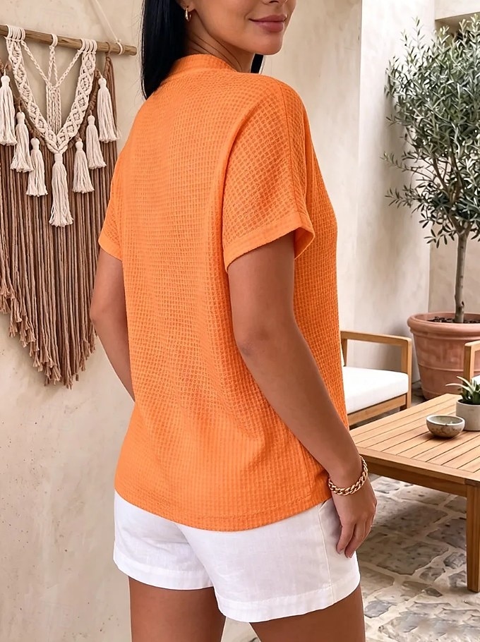 Dam Våffelskjorta Ensfärgat Elegant Aktiv Semester Ärmlös Halvlång ärm V-hals Vanliga toppar Ledigt Dagligen Utomhus Blå Vit Orange Sommar Vår Höst 2026 - $28.99 –P7