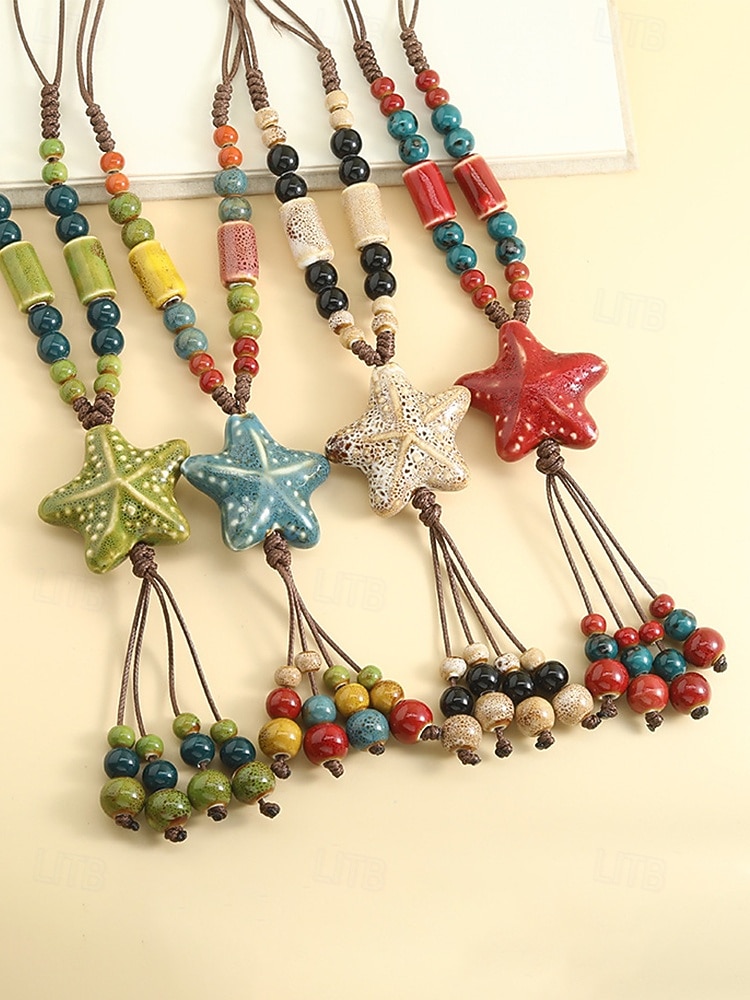 Naszyjnik z wisiorkiem w kształcie gwiazdy w stylu boho dla kobiet, ręcznie robione kolorowe ceramiczne koraliki, regulowana biżuteria na długim łańcuszku na ogrodowe przyjęcie, wakacje na plaży, 2026 - $9.99 –P1