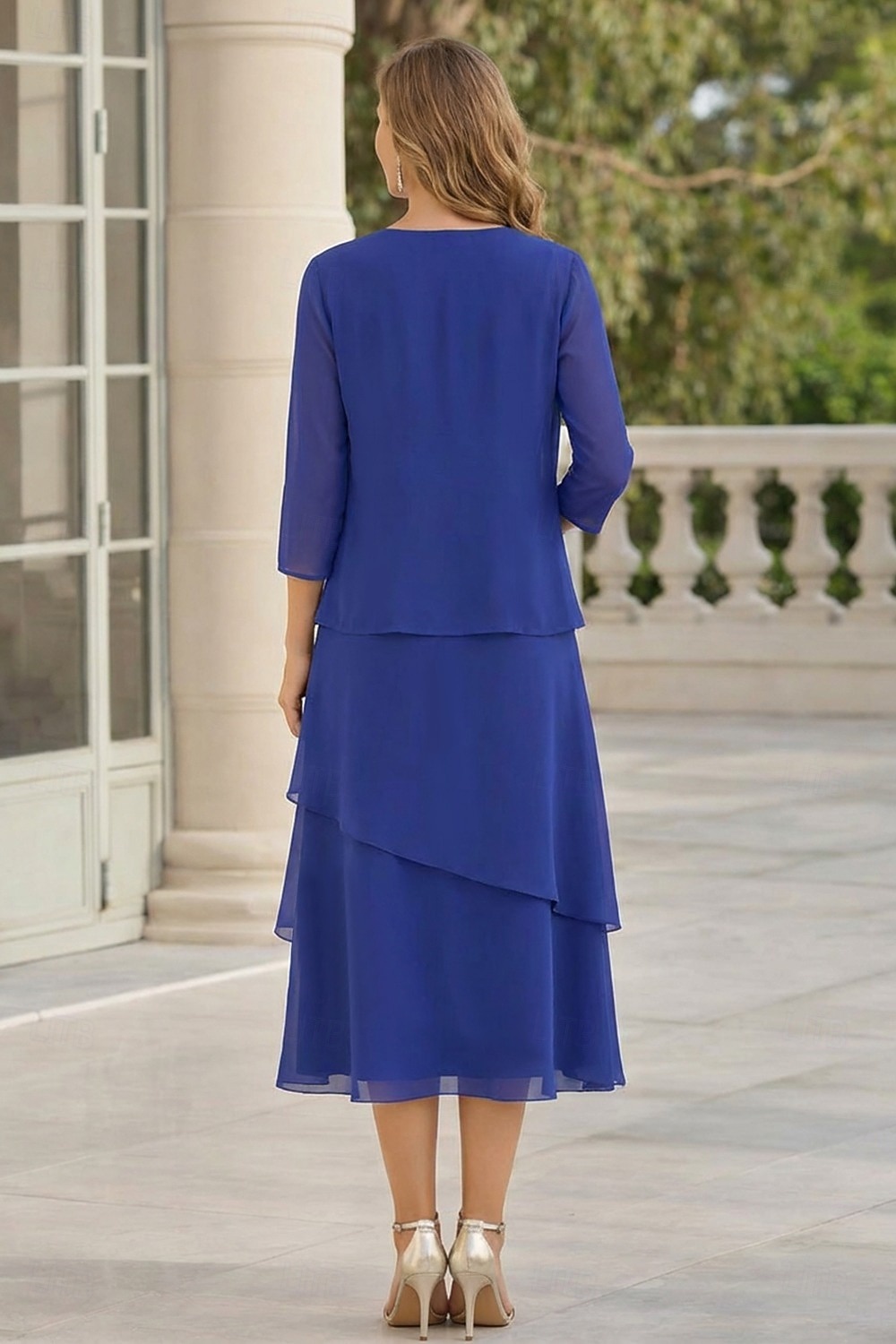Sheath Column Tea Length Wedding Guest Dress Mother of the Bride Dress 3/4 Length Sleeve Jewel Neck Elegant Wedding Guest Chiffon Wrap Included with Ruching 2026 - $160.99 –P7