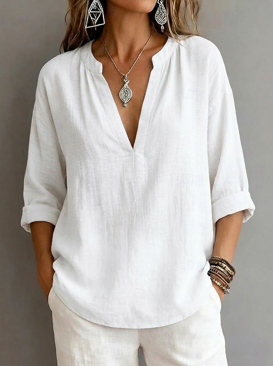 Women's Shirt Blouse Solid Color Vacation Stylish 3/4 Length Sleeve V Neck Regular Tops Casual Daily Blue Black White Pink Summer Spring 2026 - $25.99 –P2
