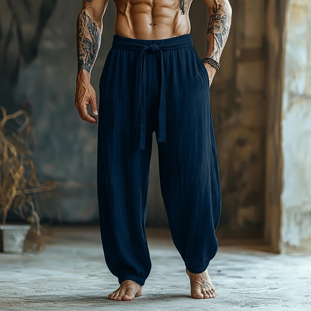 Men's Linen Pants Trousers Summer Pants Baggy Pants Elastic Cuff Plain Comfort Comfortable Full Length Casual Daily Outdoor Vacation Vintage Army Green Red Inelastic 2026 - $25.99 –P2