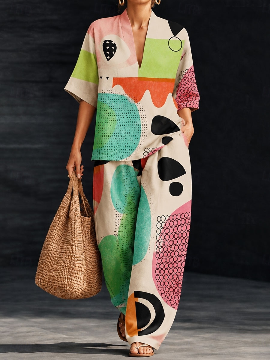 Women's Shirt Pants Sets Half Sleeve V Neck Graphic Geometric Print Vacation Fashion Streetwear Casual Daily Outdoor Blue Orange Beige Spring & Summer Loose Fit 2026 - $55.99 –P1
