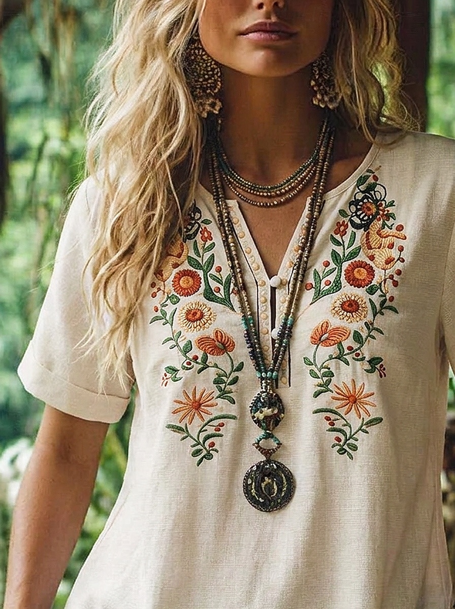 Women's Blouse Embroidery Shirts Embroidered Floral Vintage Boho Short Sleeve V Neck Long Tops Casual Daily Summer Apricot Summer Spring 2026 - $25.99 –P2