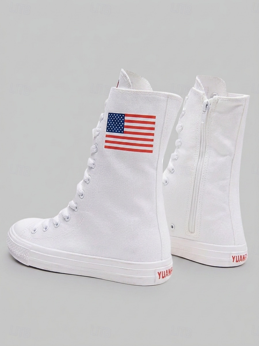 Damskie białe, patriotyczne, wysokie trampki z płótna – sznurowane buty z płótna z flagą USA na Dzień Niepodległości i paradę &swobodny strój uliczny 2026 - $42.99 –P2