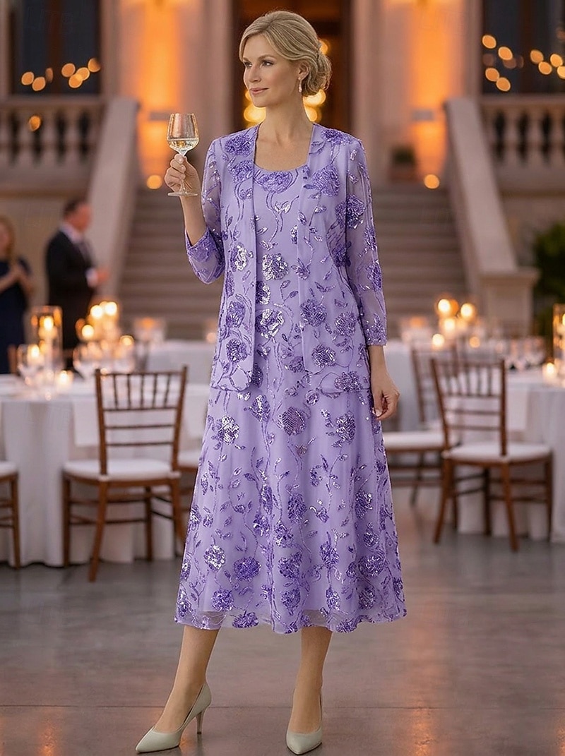 Zweiteilig A-Linie Knöchellänge Tee-Länge Kleid für Hochzeitsgäste Brautmutterkleid Ärmellos Langarm Rundausschnitt Elegant luxuriös Glanz & Glamour Formell Hochzeitsgast Chiffon Paillettenbesetzt mit 2026 - $182.99 –P5