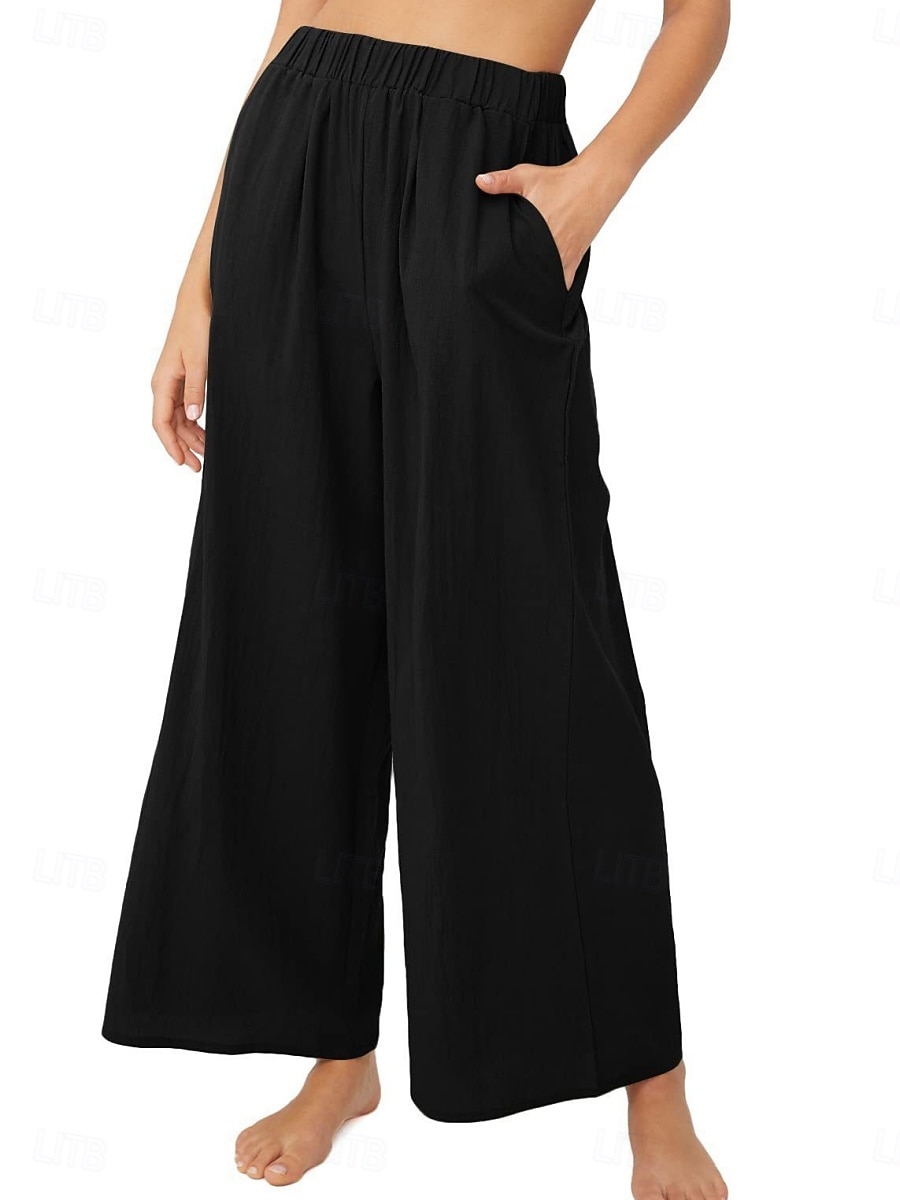 Mujer Algodón Perneras anchas Moda Ropa de calle Casual Longitud total Alta cintura Plano Bolsillo Cintura elástica Confortable Comodidad Suave Elástico Exterior Vacaciones Calle Azul Piscina 2026 - $22.99 –P11
